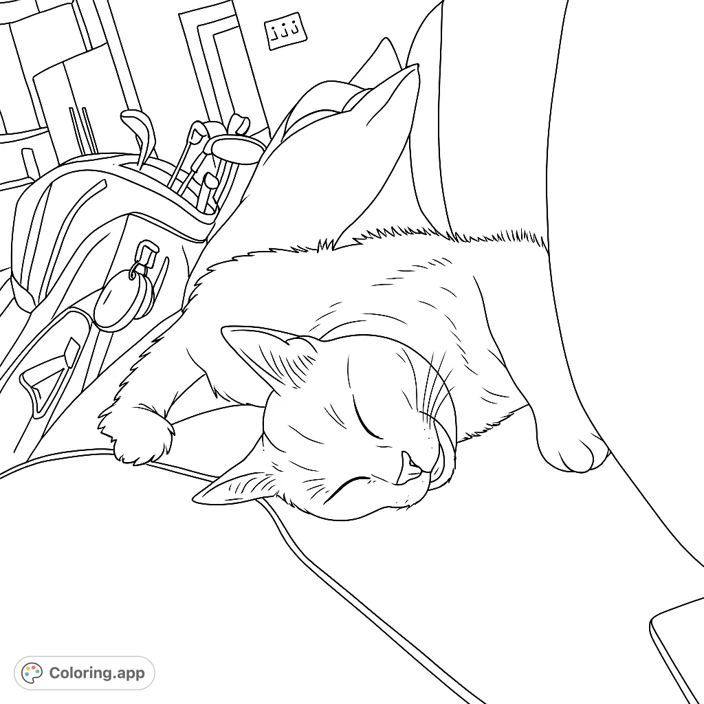 A serene white cat peacefully napping on a cozy couch, perfect for a relaxing cat coloring page. Free printable coloring page for all ages.