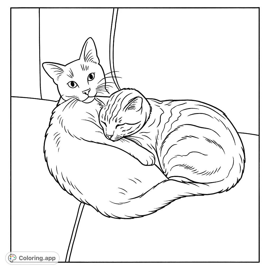 A heartwarming scene of two cats snuggled together on a cozy couch, perfect for a relaxing coloring experience. Capture their bond with your favorite colors.