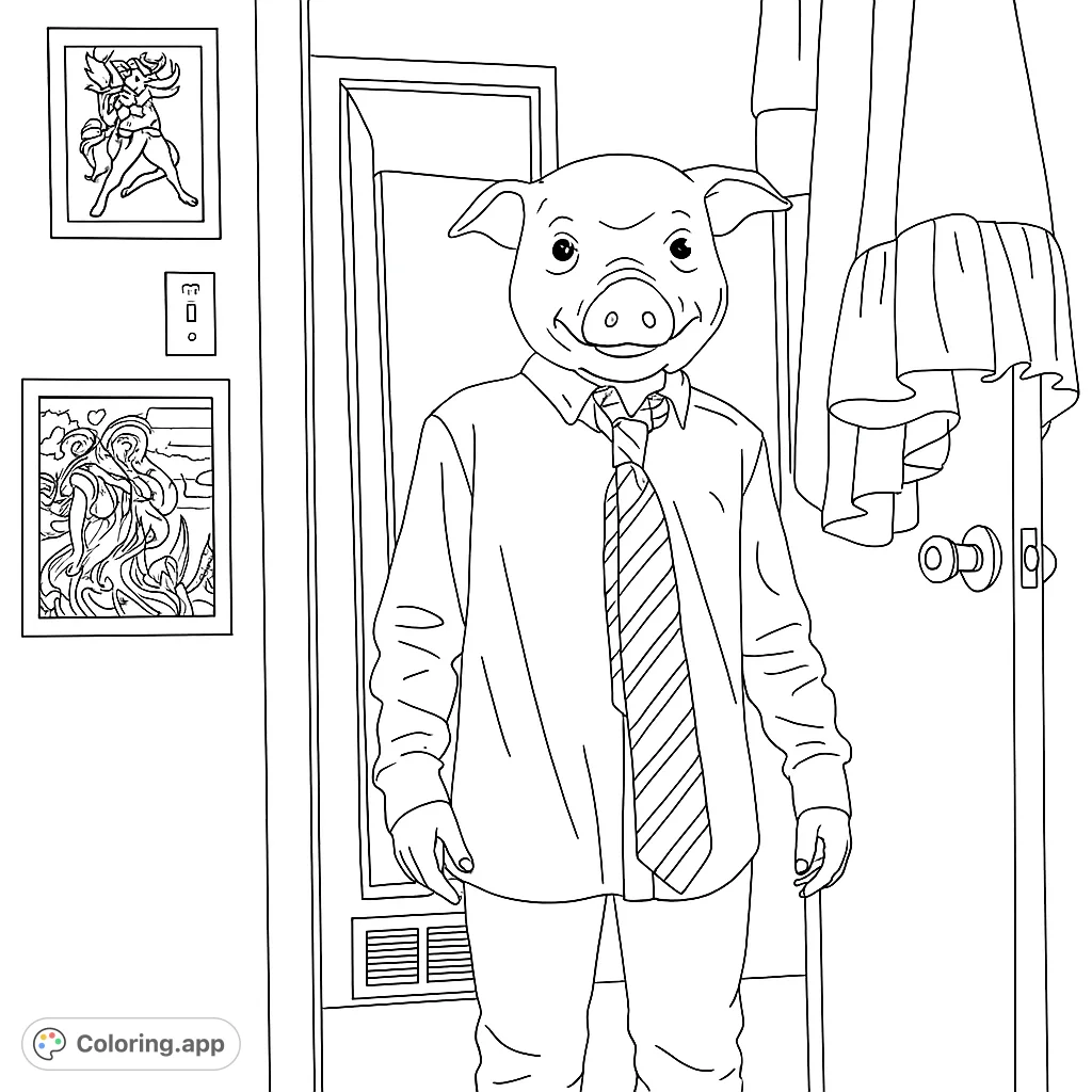 A mysterious figure in a detailed pig mask, white shirt, and striped tie stands in a doorway. Perfect for a unique, spooky, or costume-themed coloring page.