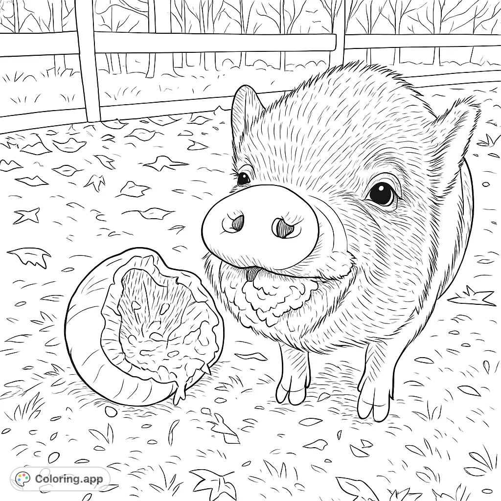 A delightful pig enjoys a pumpkin feast, captured in a charming line art scene perfect for coloring. Free printable coloring page fun!
