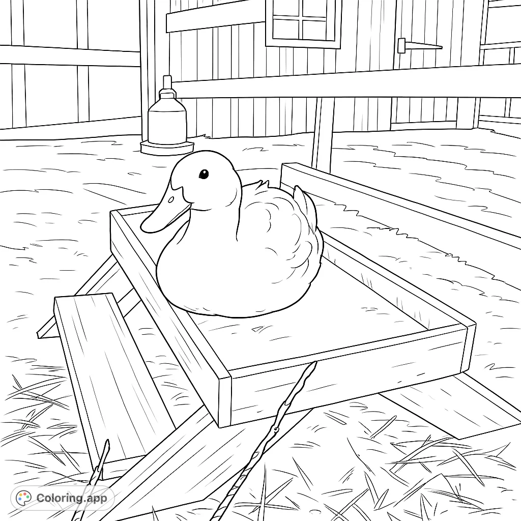 A charming duck rests on a rustic wooden feeder, set against a farm backdrop. Perfect for a relaxing coloring experience, capturing farm life.