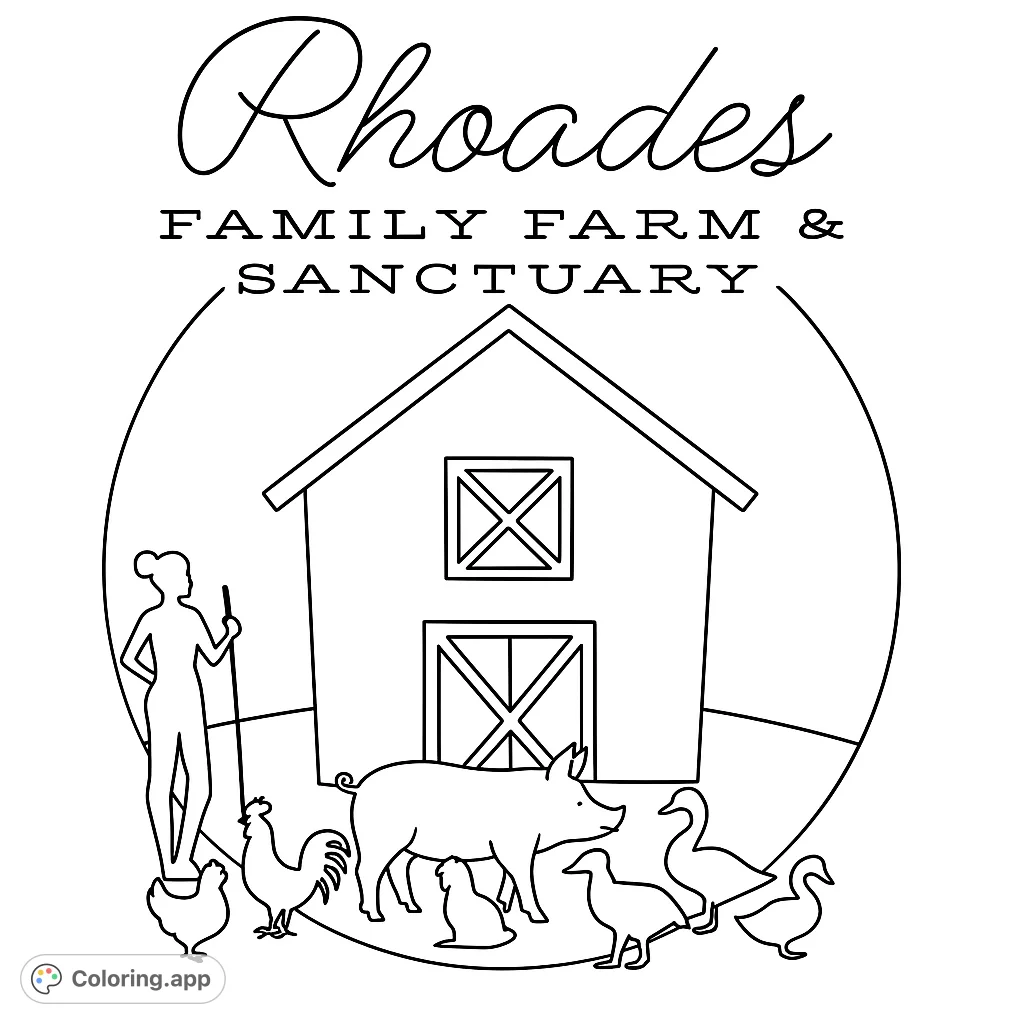 A charming farm scene featuring a barn, a farmer, and various happy farm animals like a pig, sheep, rooster, chicken, cat, goose, and duck, ready for vibrant colors.