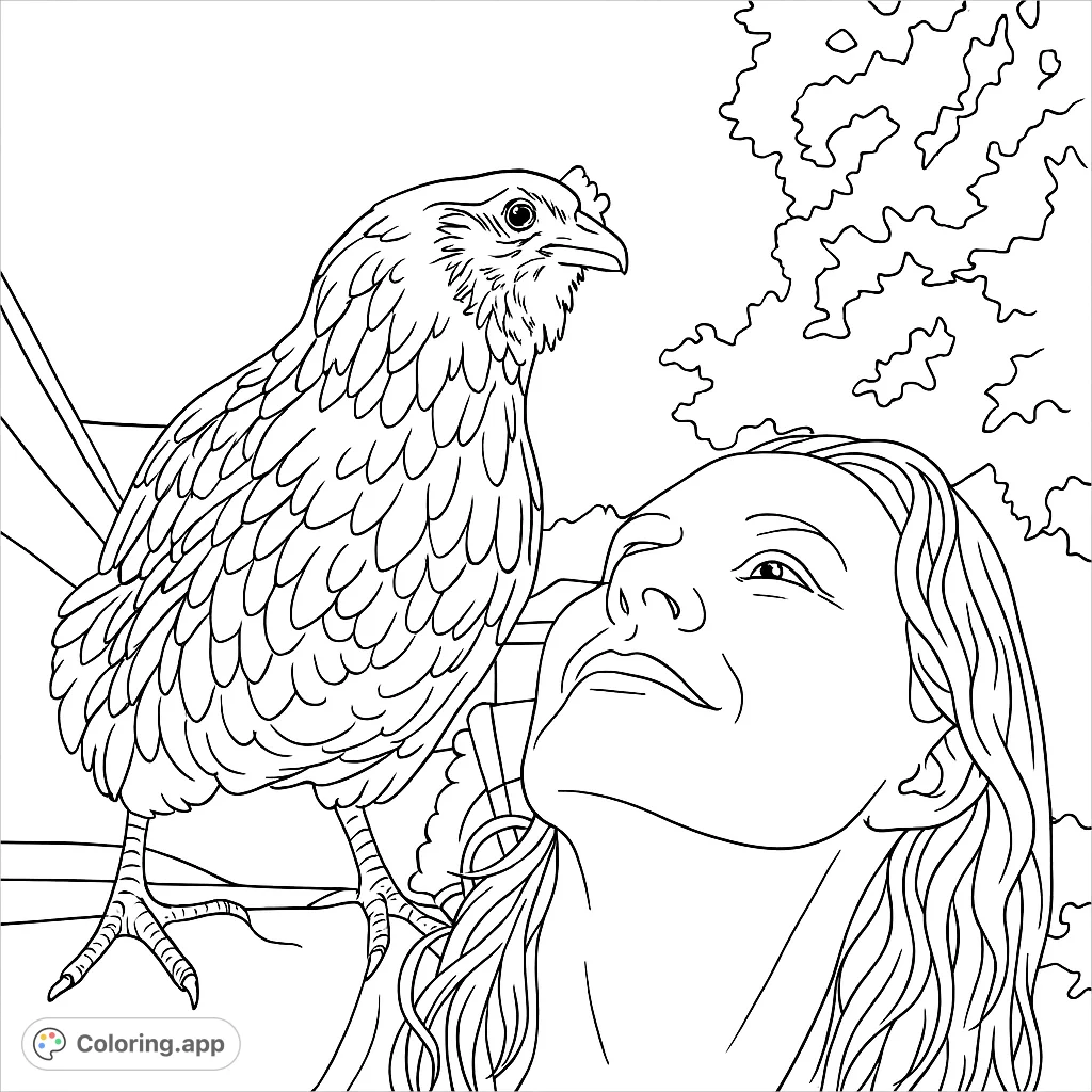 A charming scene featuring a detailed chicken perched on a person's shoulder, looking up. Perfect for animal lovers and farm life enthusiasts.