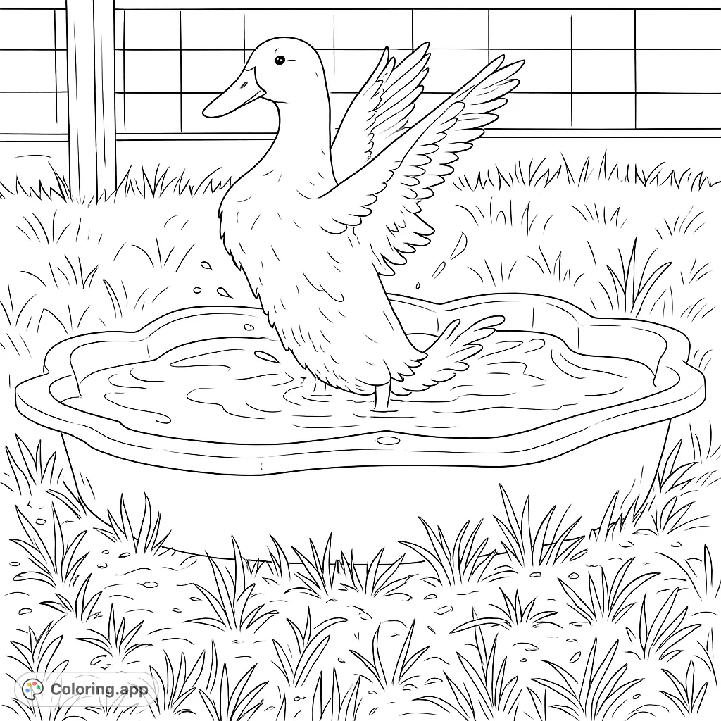A happy duck splashes playfully in a small pool, wings outstretched, creating dynamic water ripples. This delightful animal coloring page is a free printable for kids and adults.