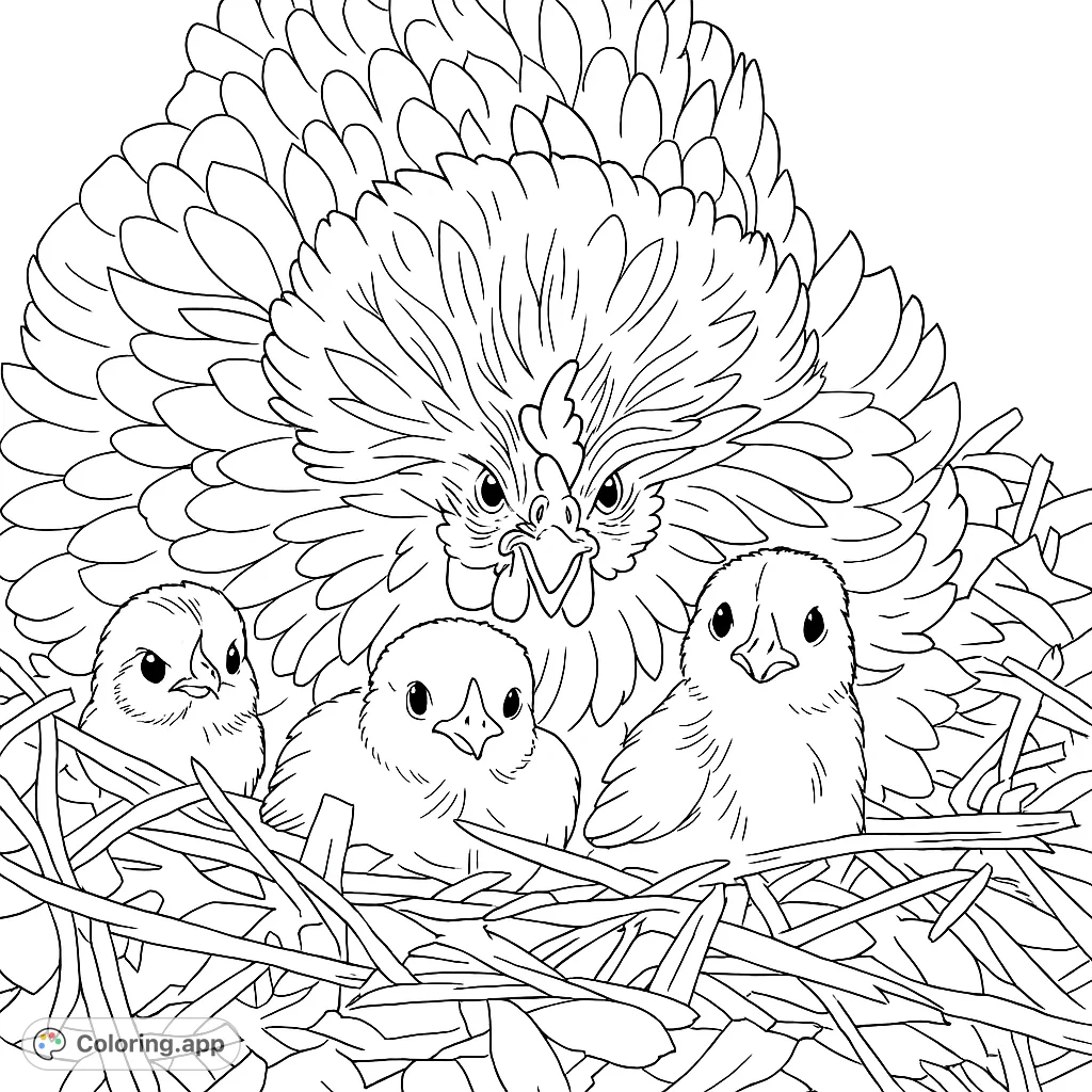 A heartwarming farm animal coloring page featuring a fluffy hen with her four adorable chicks nestled in a cozy straw bed. Perfect for all ages!