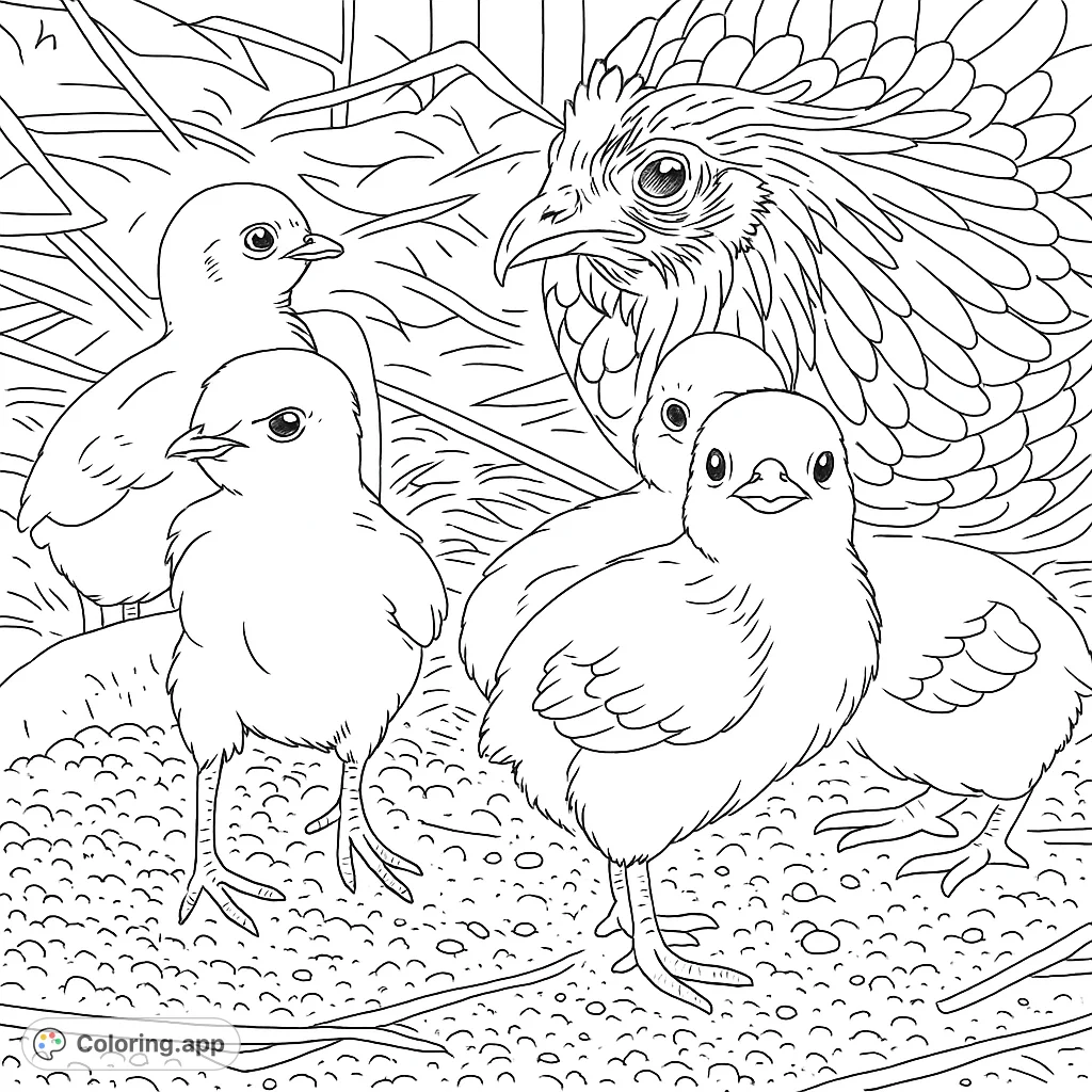 An adorable mother hen with her fluffy chicks in a cozy coop. A charming farm animal coloring page, perfect for all ages to enjoy.