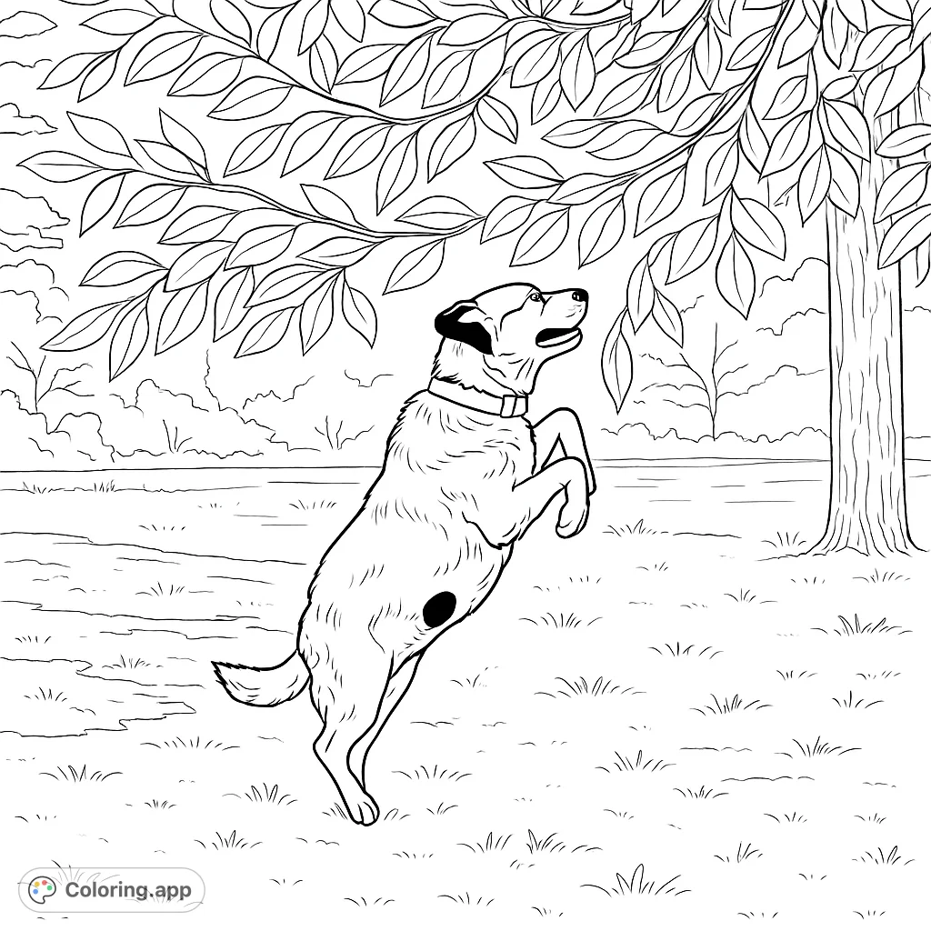 A lively sheep mid-jump in a grassy field, with a pond and trees in the background. A fun, energetic animal coloring page for all ages.