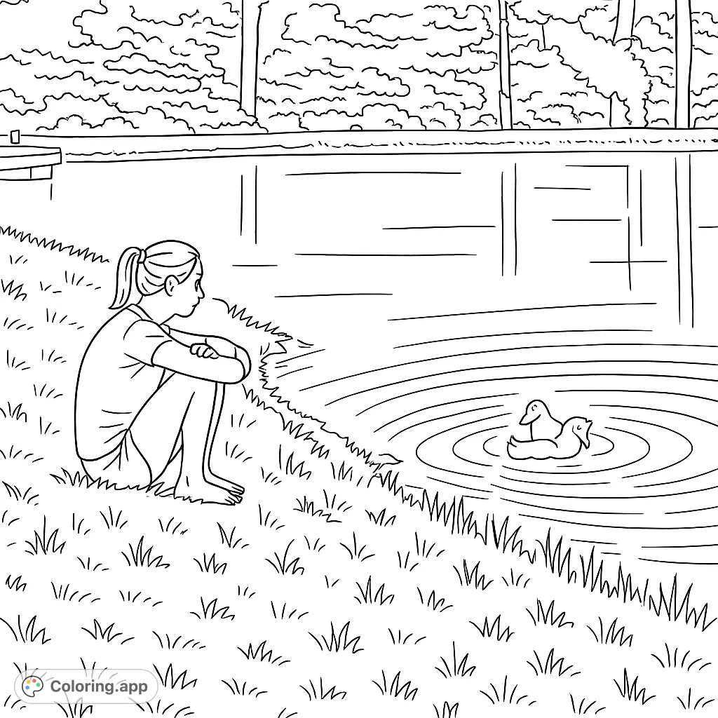 Discover tranquility by the pond. A person observes two ducklings swimming, surrounded by a peaceful natural landscape.