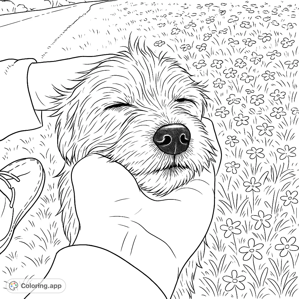 A heartwarming dog coloring page featuring a scruffy dog with closed eyes, enjoying gentle pets from loving hands in a field of wildflowers. Perfect for dog lovers.