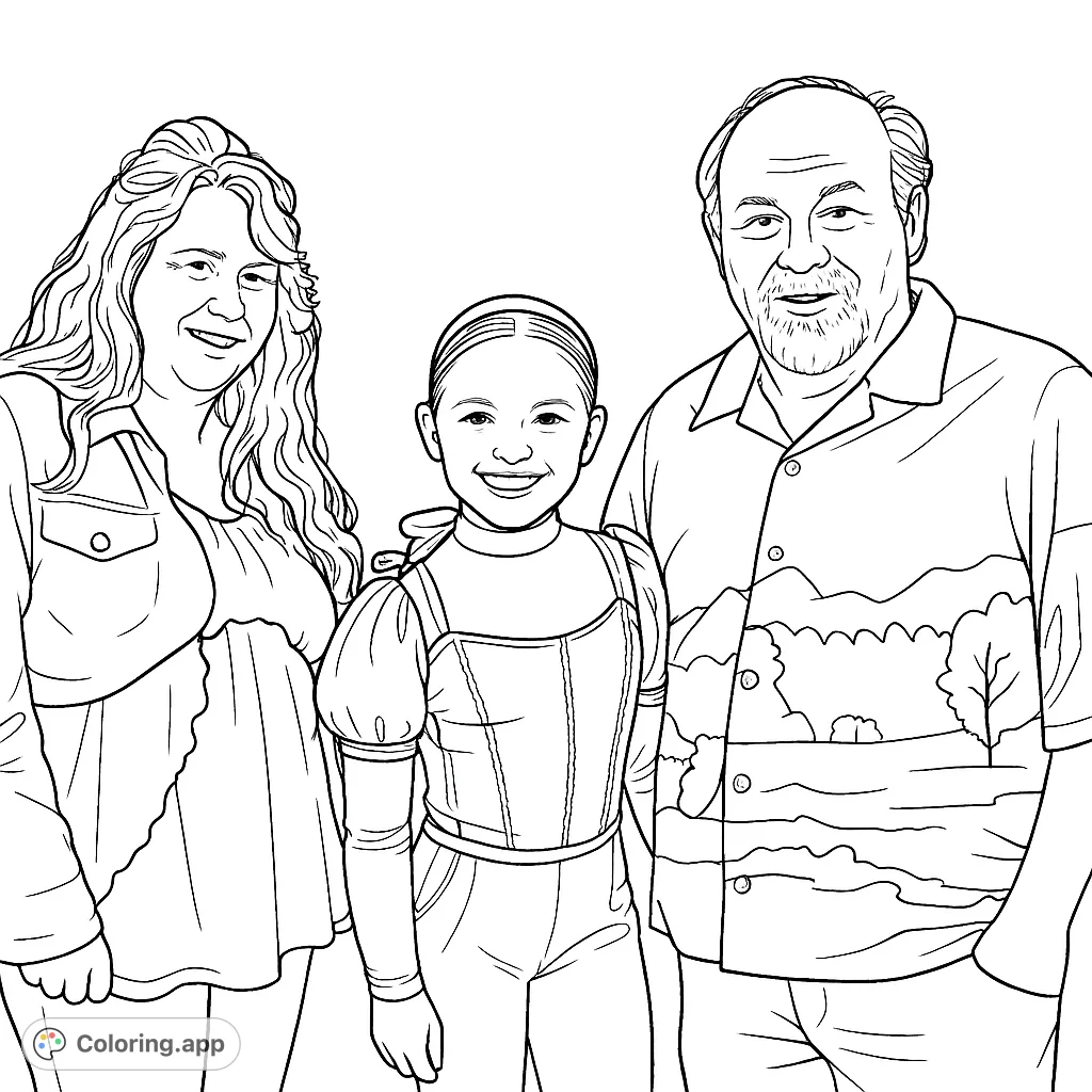 A heartwarming family portrait featuring a smiling girl in a detailed costume with her parents, perfect for a personalized coloring experience.