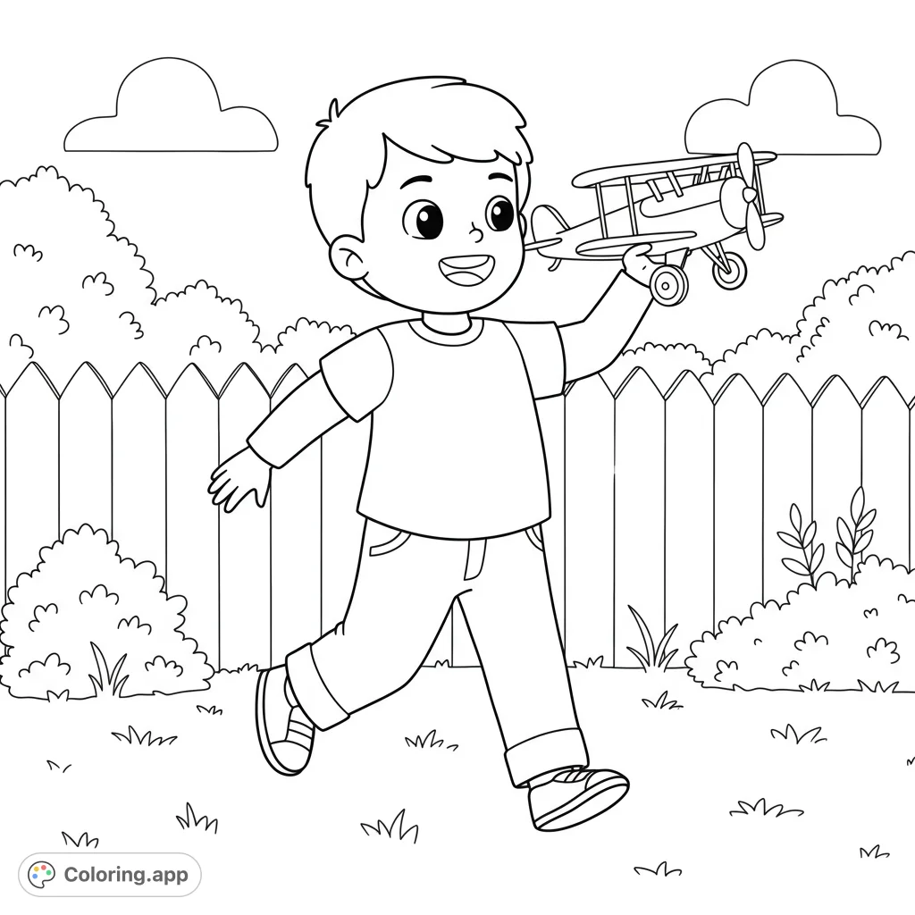 A joyful little boy plays with a toy airplane in a sunny backyard, perfect for a delightful and engaging coloring experience.