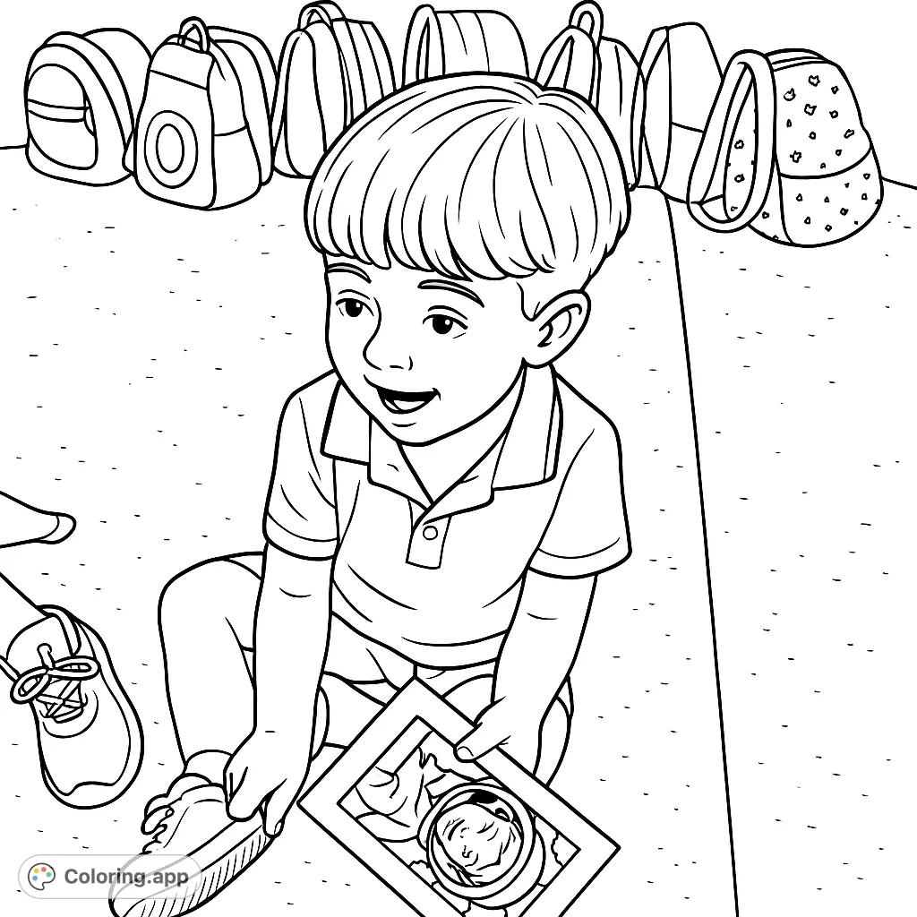 A joyful child sits on textured ground, holding a framed picture of another smiling child. Perfect for a free printable coloring page.