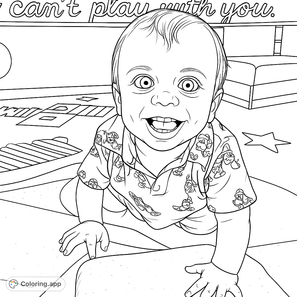 A delightful baby with a wide smile and bright eyes, crawling on a colorful play mat. Perfect for a cute baby coloring page.