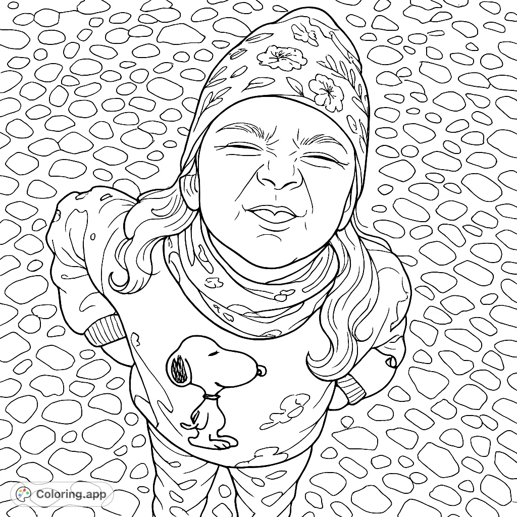 A joyful young girl with a playful expression, wearing a patterned hat and top, looking up from a textured cobblestone path. Perfect for creative coloring fun!