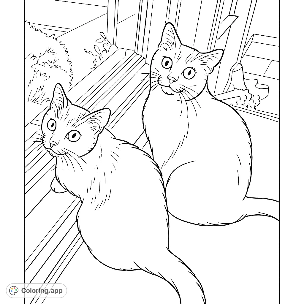 A charming cat coloring page featuring two curious felines sitting by a window, perfect for cat lovers of all ages. Free printable coloring page.
