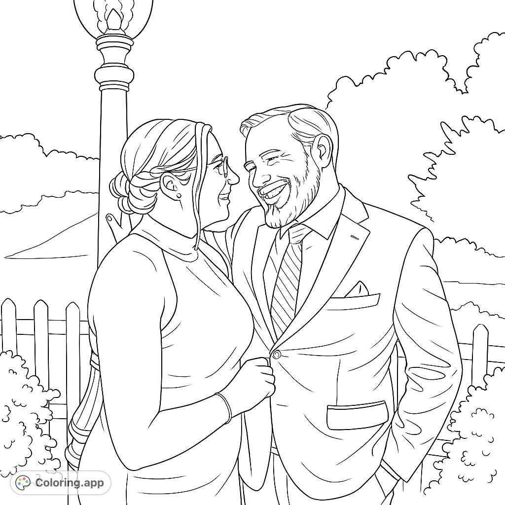 A heartwarming romantic couple coloring page featuring a man and woman smiling at each other, perfect for a free printable coloring page for adults.