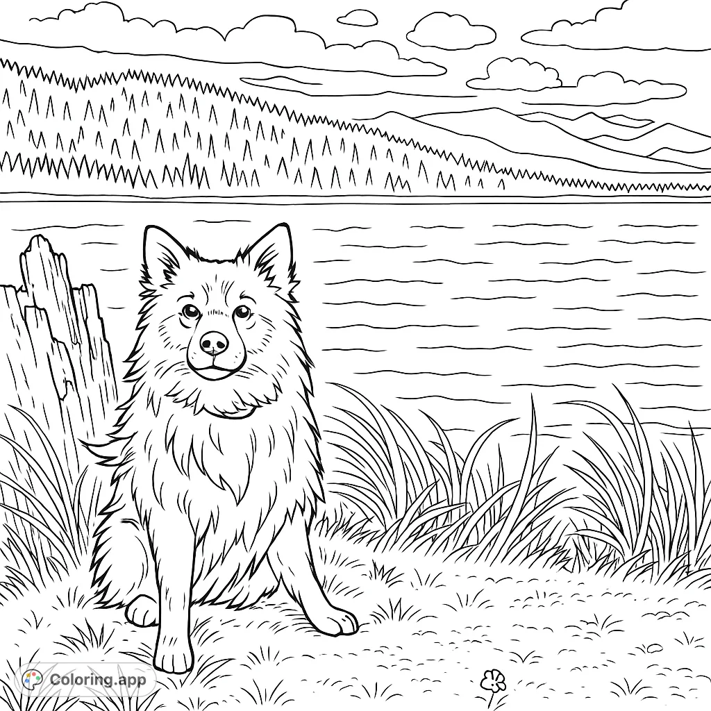 A fluffy dog sits by a serene lake with mountains and trees, a perfect nature-themed free printable coloring page for relaxation and creativity.