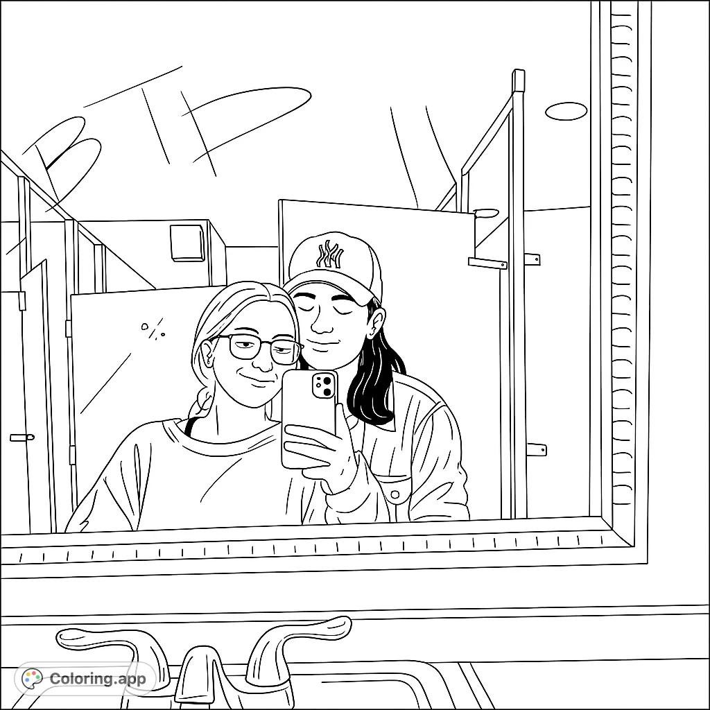 Capture a moment of friendship with this free printable selfie coloring page. Two friends reflected in a mirror, ready for your creative touch.