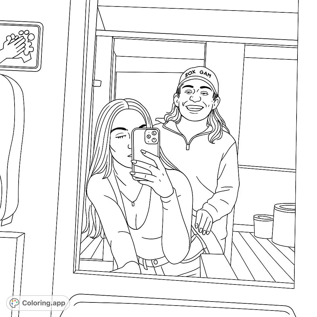 Capture a joyful mirror selfie moment with two friends. This free printable coloring page is perfect for teens and adults, featuring a fun, modern scene.