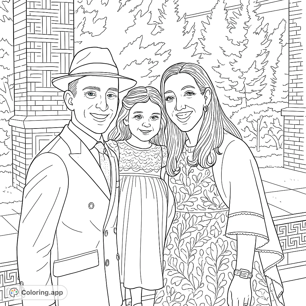 A heartwarming family portrait featuring a man, woman, and child in elegant attire, set against a charming outdoor backdrop. Perfect for all ages.