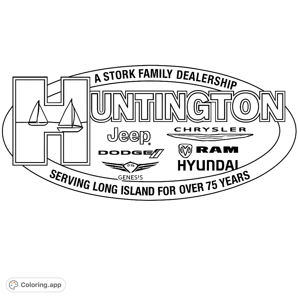 A unique oval design featuring a large letter shape with sailboats, surrounded by various stylized emblem outlines and banner shapes for creative coloring.