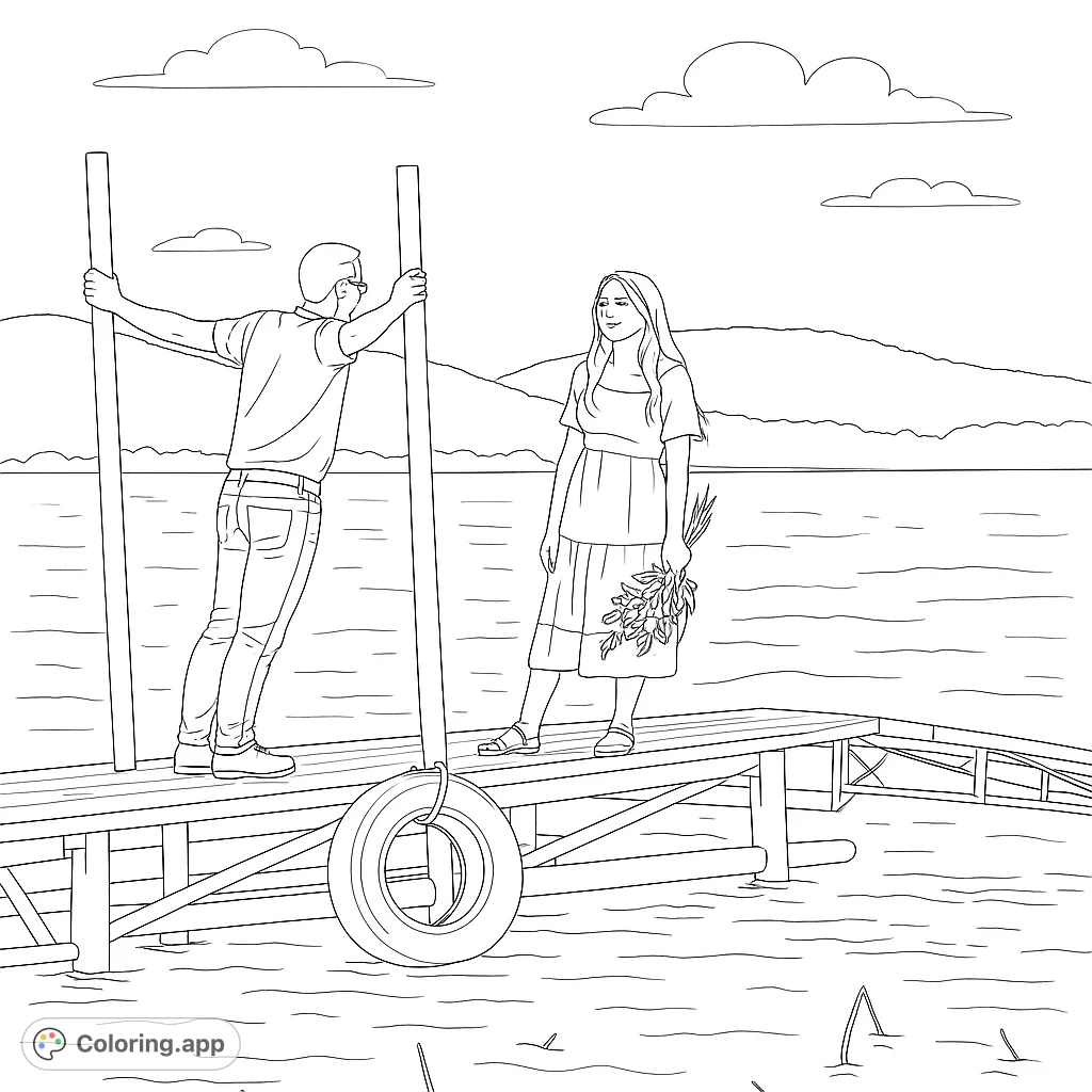 A serene lakeside scene featuring a happy couple on a rustic wooden dock, surrounded by calm water and distant hills. Perfect for a relaxing coloring experience.