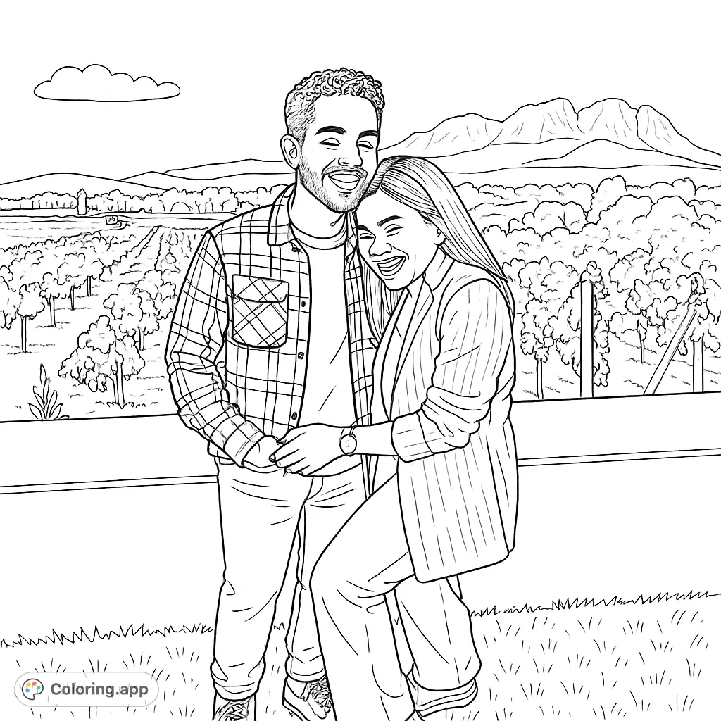 A joyful couple embraces in a scenic vineyard, with mountains and grapevines in the background. A romantic free printable coloring page for all ages.