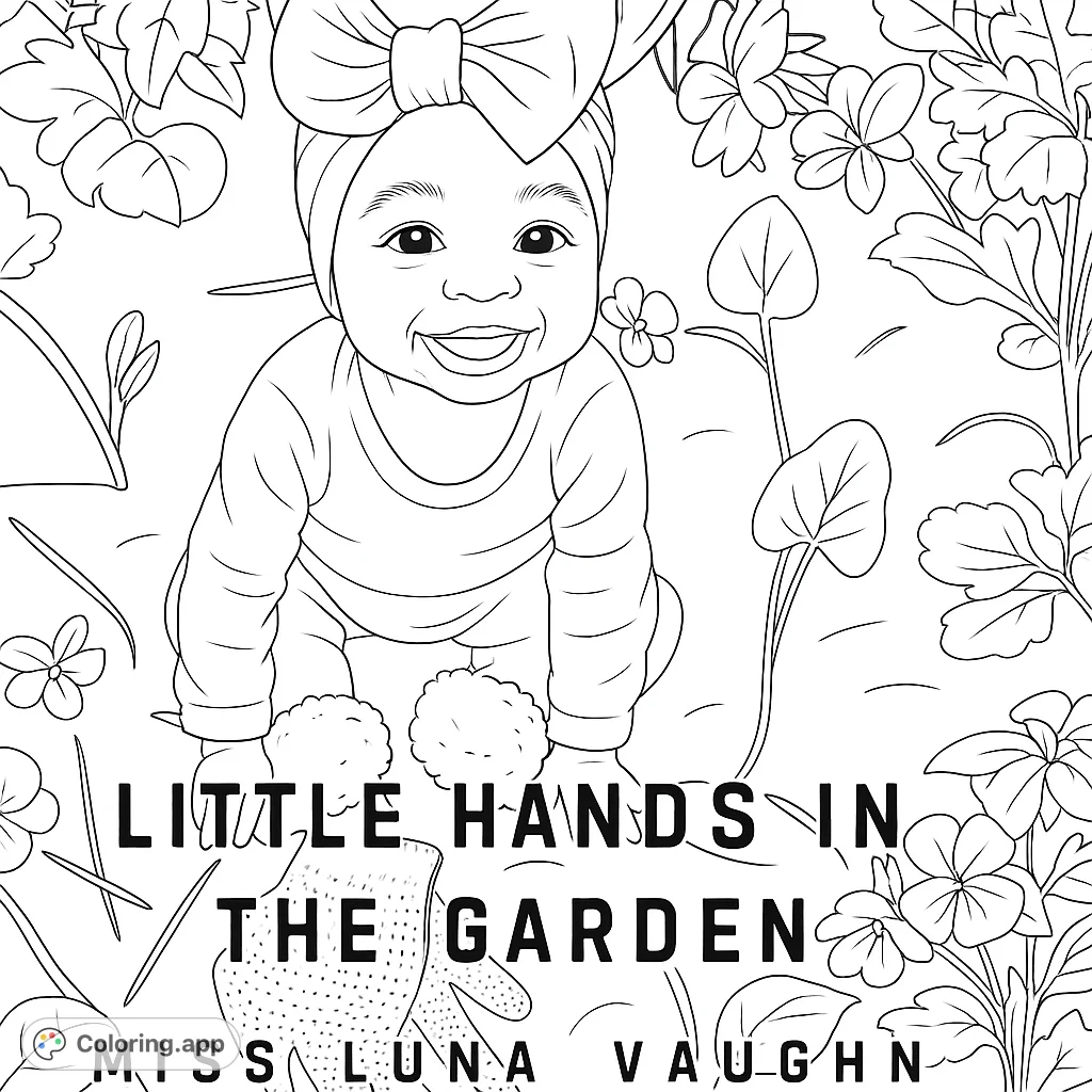 A joyful baby with a big bow headband smiles amidst garden tools, flowers, and plants. A delightful garden coloring page for kids.