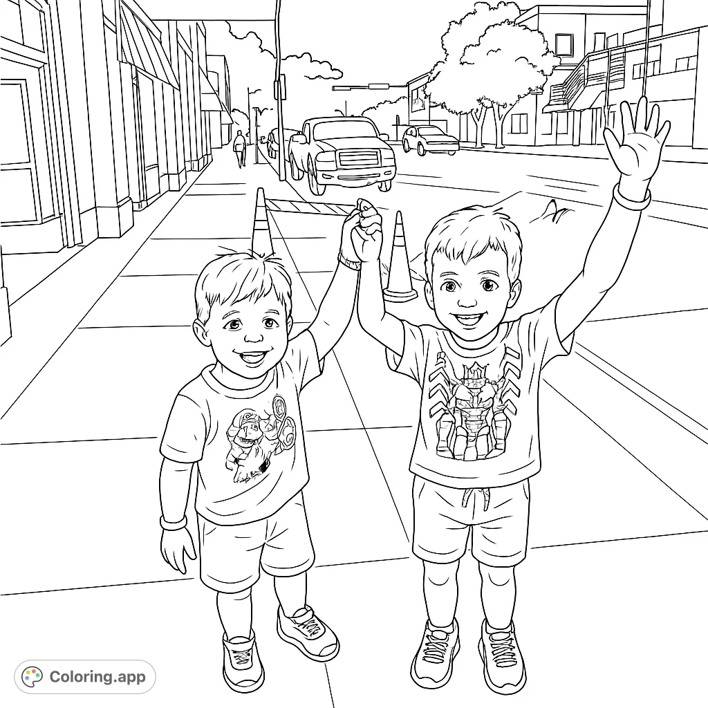 Two cheerful boys hold hands and wave on a sunny urban sidewalk, ready for a fun coloring adventure. A free printable kids coloring page.