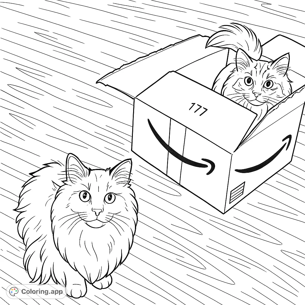 Two adorable, fluffy cats, one nestled in a cardboard box and the other observing, ready for a playful coloring adventure. Perfect for cat lovers!