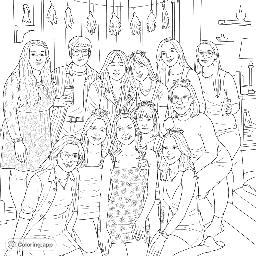 A lively group of friends celebrating a special occasion, perfect for adding vibrant colors to their festive attire and joyful expressions. A great friends party celebration coloring page.