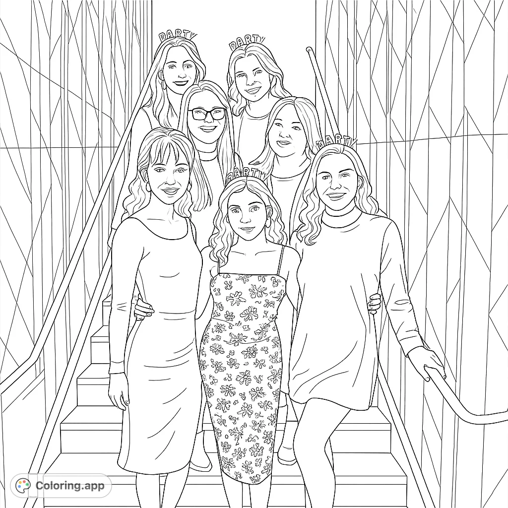 A vibrant party coloring page featuring seven smiling friends on a staircase, ready for celebration. Free printable coloring page for adults and teens.