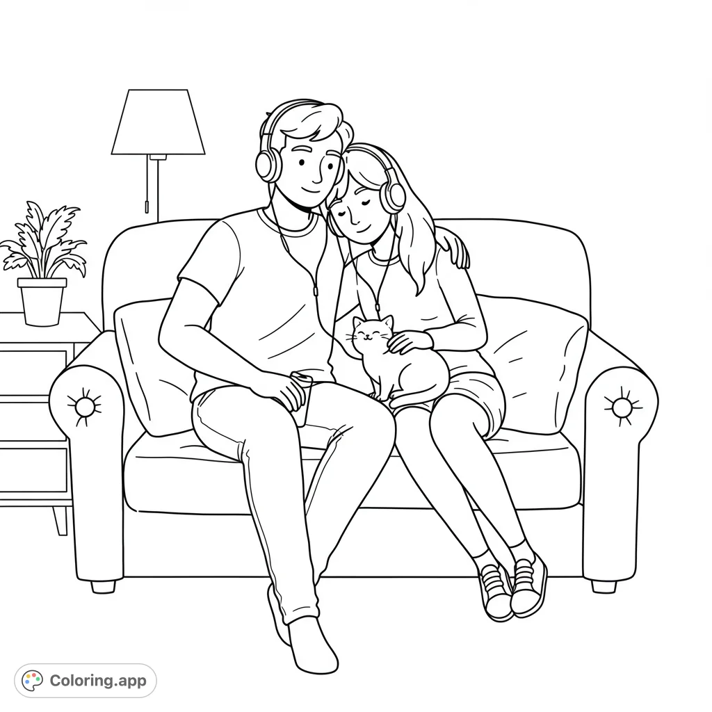 A heartwarming boyfriend and girlfriend coloring page featuring a couple cuddling on a couch, listening to music, and petting their cat in a cozy home.