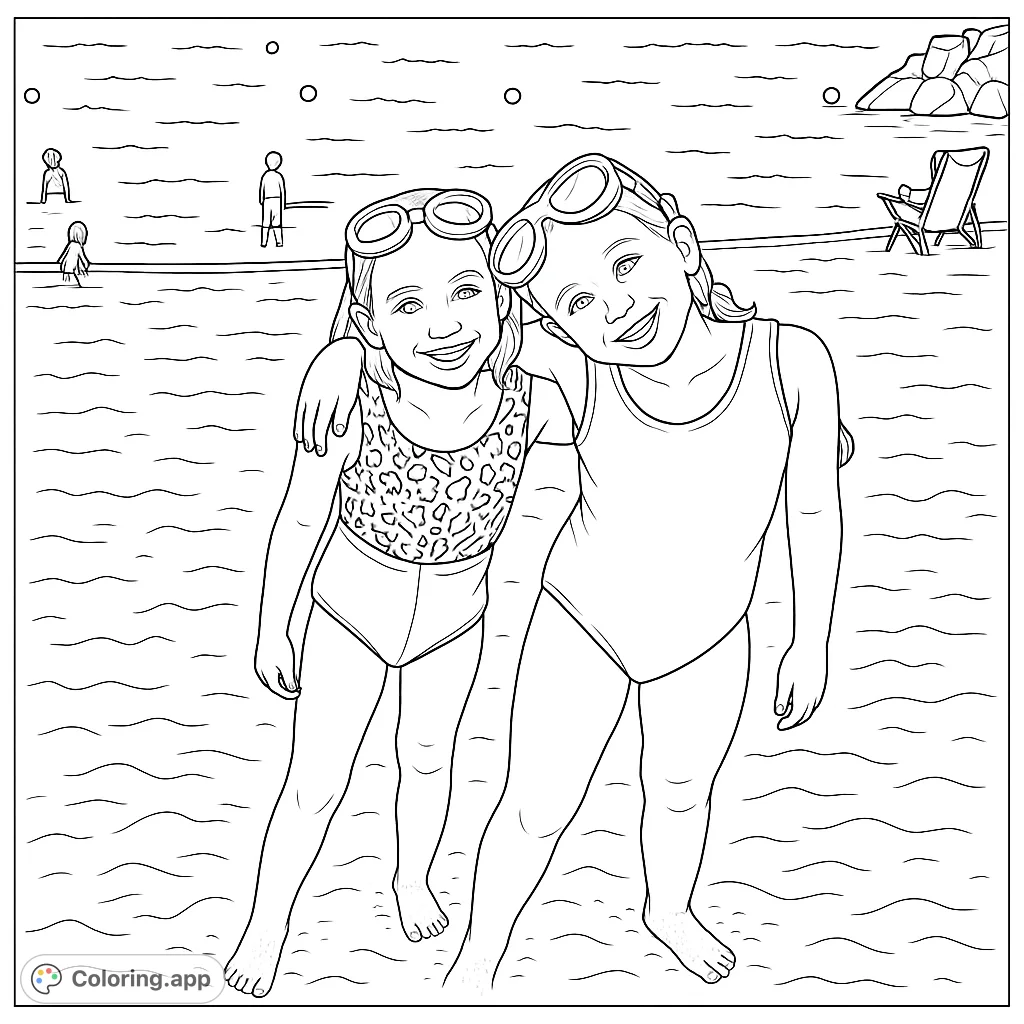 Two cheerful girls in swimsuits and goggles, embracing on a sandy beach with water and distant swimmers in the background. A delightful summer scene.