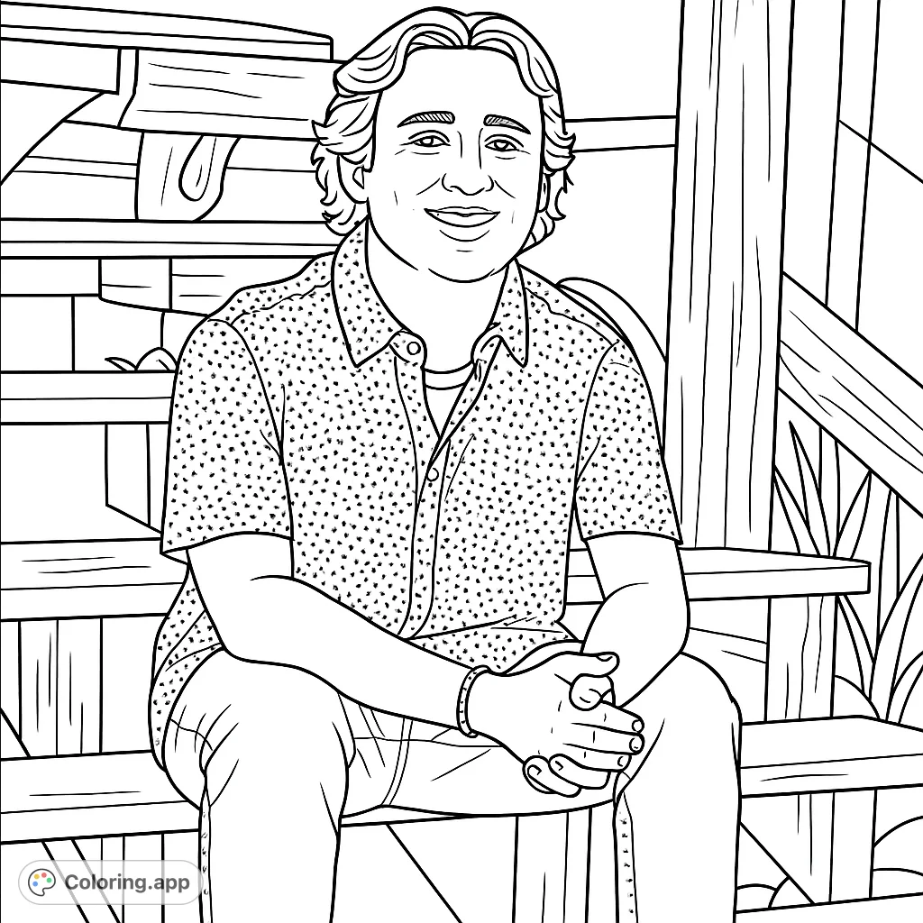 A smiling young man sits casually on rustic wooden steps, offering a friendly portrait ready for your creative coloring touch.