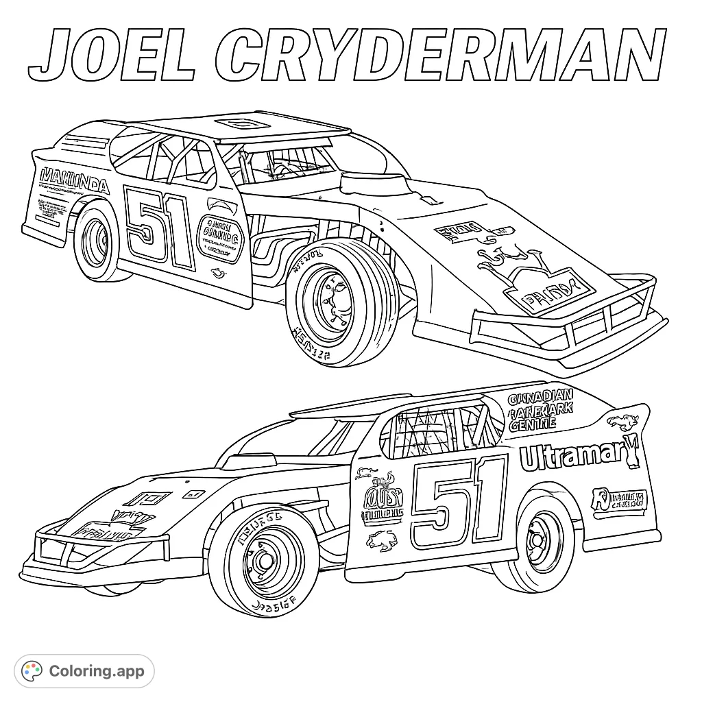 Two dynamic dirt track race cars, number 51, captured in action. A thrilling high-speed racing coloring page for all ages to enjoy.