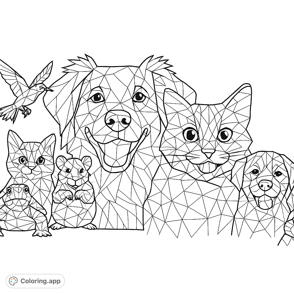 A delightful group of happy pets and wild animals peeking over a line, featuring a dog, cat, puppy, rabbit, hamster, turtle, and bird in a unique geometric style.