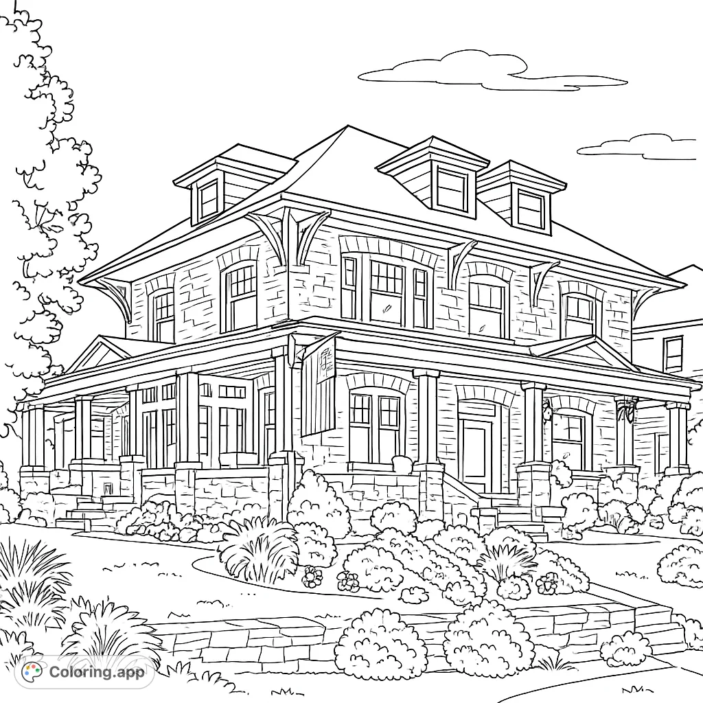 A detailed classic stone house with a welcoming porch and an American flag, perfect for a relaxing coloring experience.