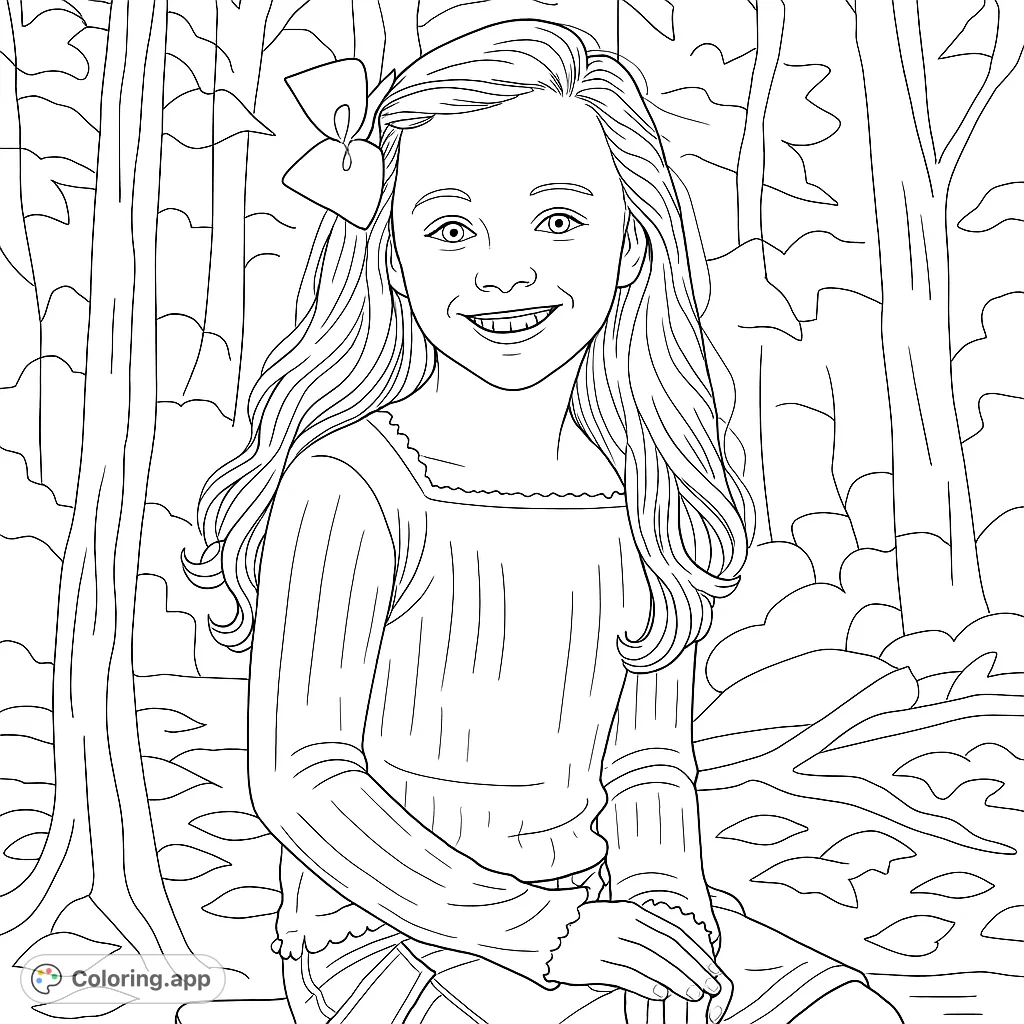 A delightful black and white line drawing of a smiling girl with long, wavy hair and a bow, sitting outdoors. Perfect for kids to color!