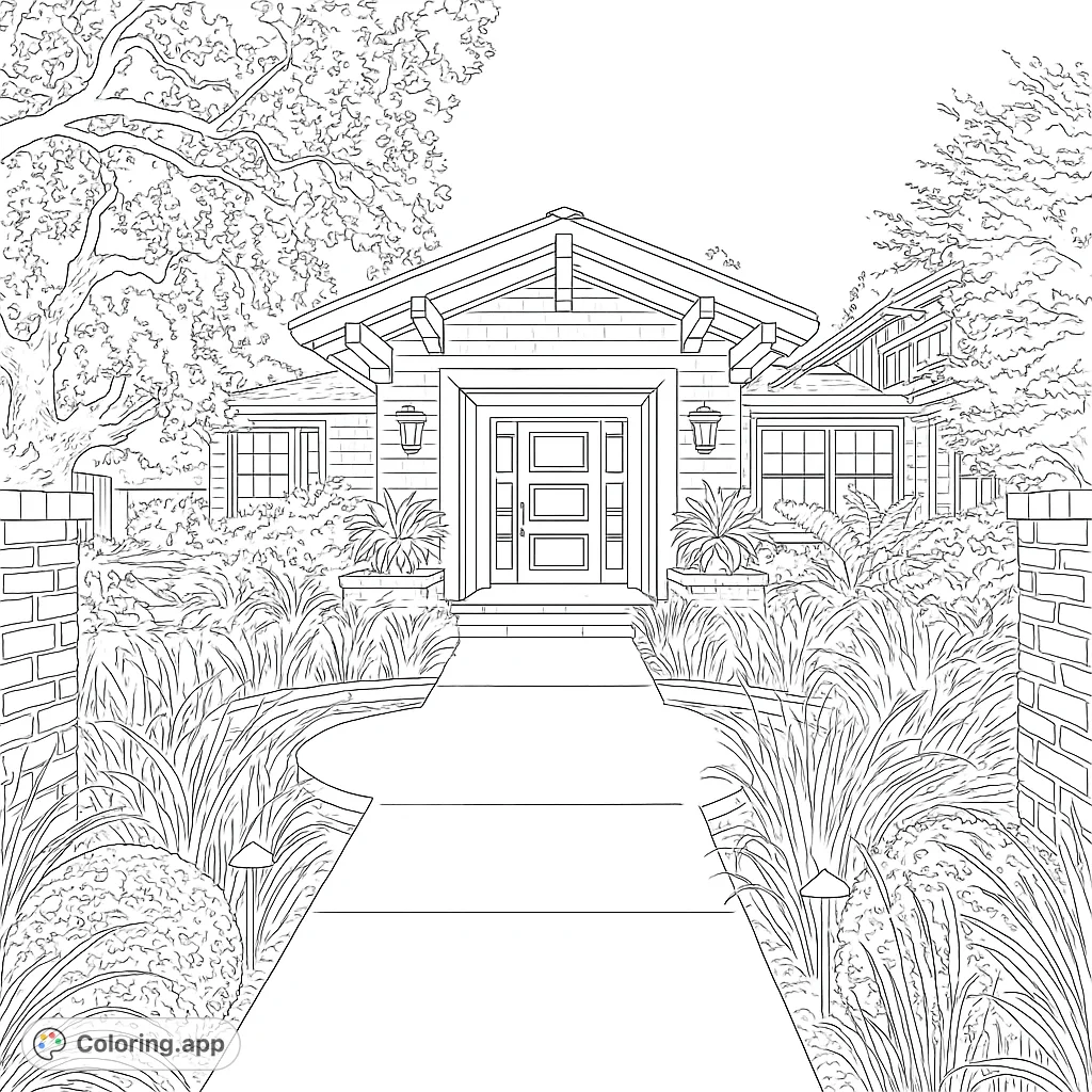 Explore a beautiful Craftsman home with lush gardens, a serene pond, and inviting pathway. A detailed architectural coloring page for all ages.