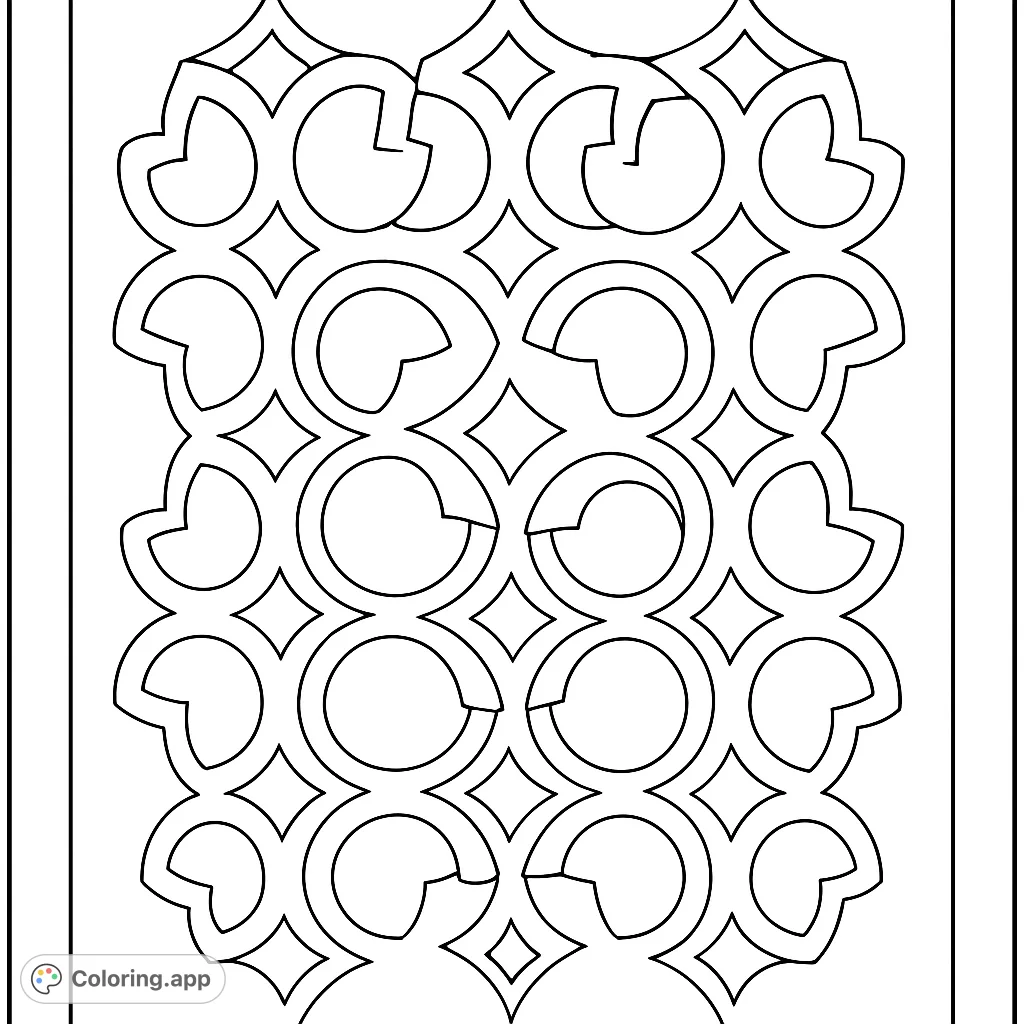 Explore a captivating geometric pattern coloring page featuring interlocking circles and star shapes. A simple, repeating design perfect for relaxation.