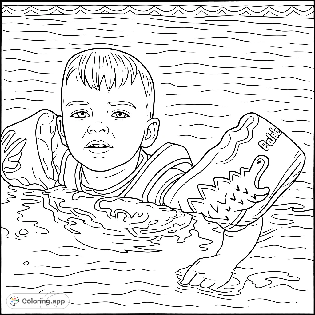 Dive into fun with this swimming pool coloring page featuring a child in crocodile floaties, perfect for summer adventures and creative expression.