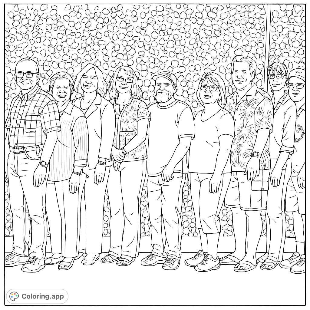 A diverse group of eleven adults standing together, perfect for a detailed coloring experience. Bring this friendly scene to life!