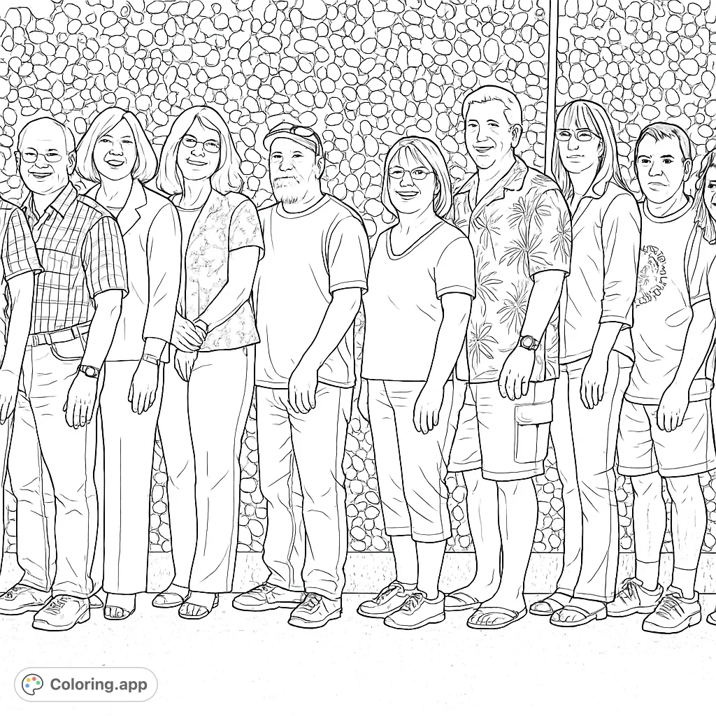 A diverse group of eleven adults standing together, perfect for a detailed coloring experience. Bring this friendly scene to life!