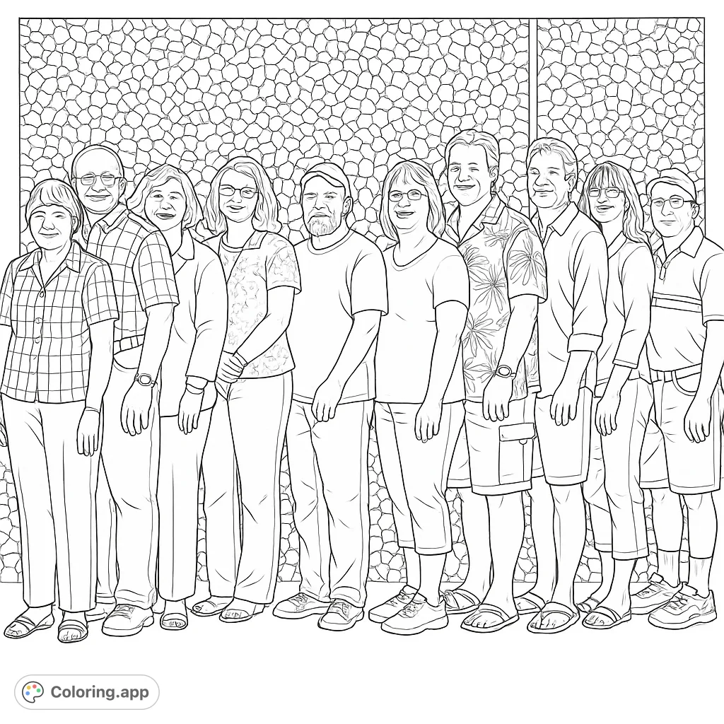 A diverse group of eleven adults standing together, perfect for a detailed coloring experience. Bring this friendly scene to life!
