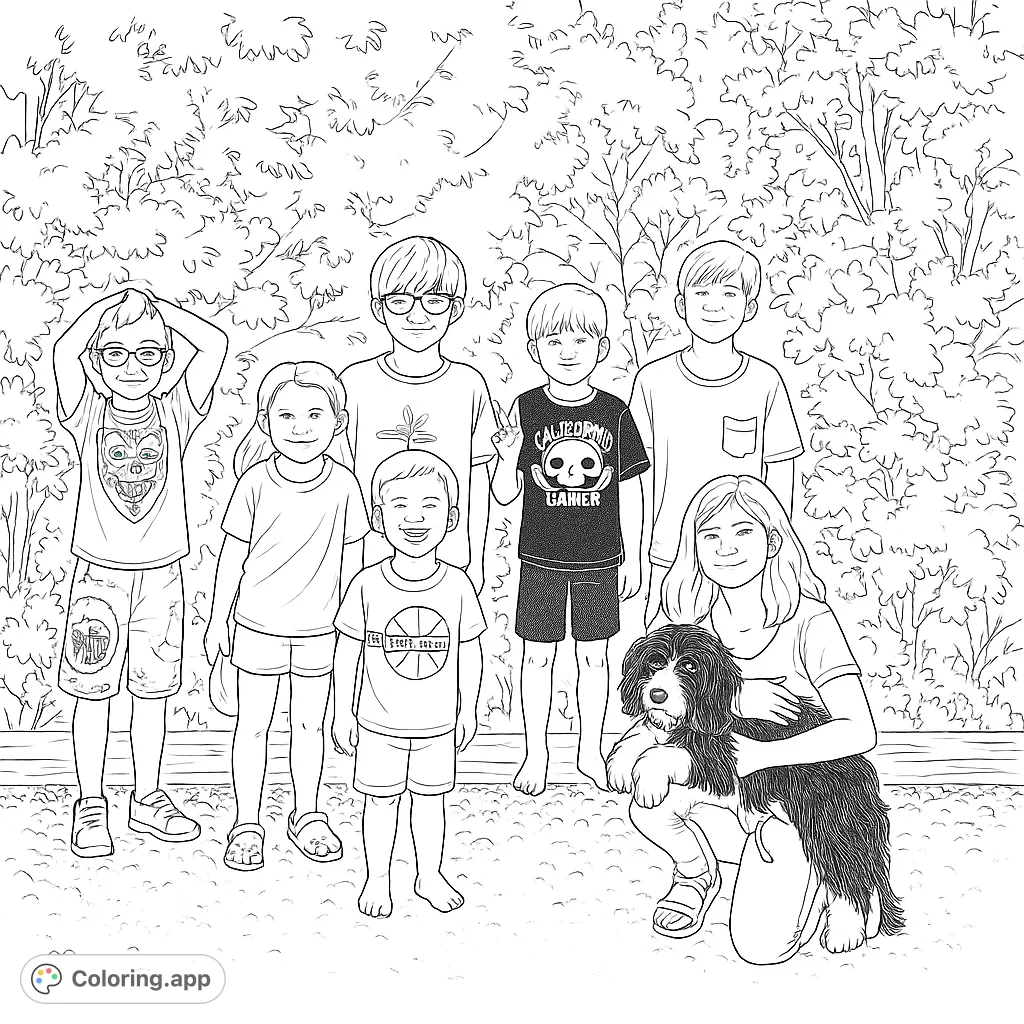 A joyful group of six kids and their fluffy dog pose outdoors, ready for a fun coloring adventure. Perfect for all ages!