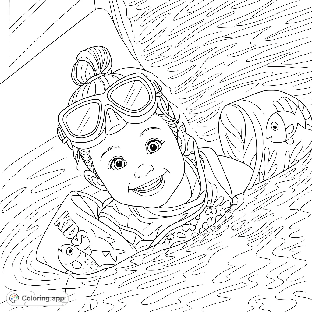 Dive into summer fun with this delightful swimming child coloring page! Features a happy child with goggles and arm floaties in a rippling pool.