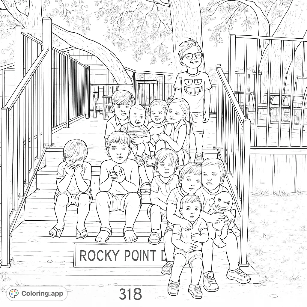 A lively group of children of various ages gathered on rustic wooden steps, surrounded by nature and a playful atmosphere, ready for your creative colors.