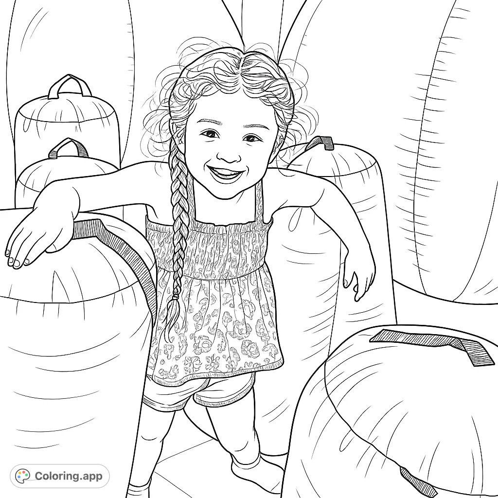 A joyful child explores a vibrant inflatable play area, surrounded by soft, rounded shapes. Perfect for young colorists to bring to life!