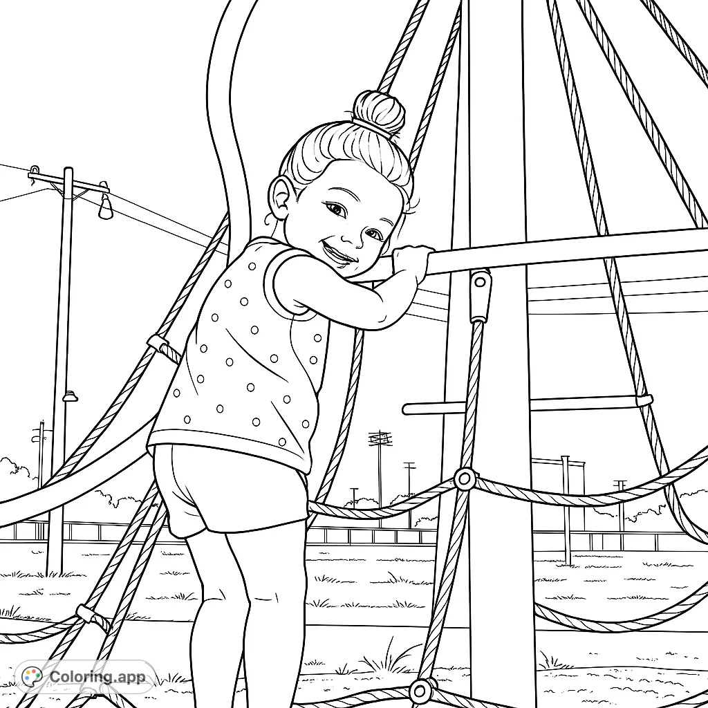 A cheerful girl enjoys a playground climbing structure, perfect for a fun and active coloring adventure.